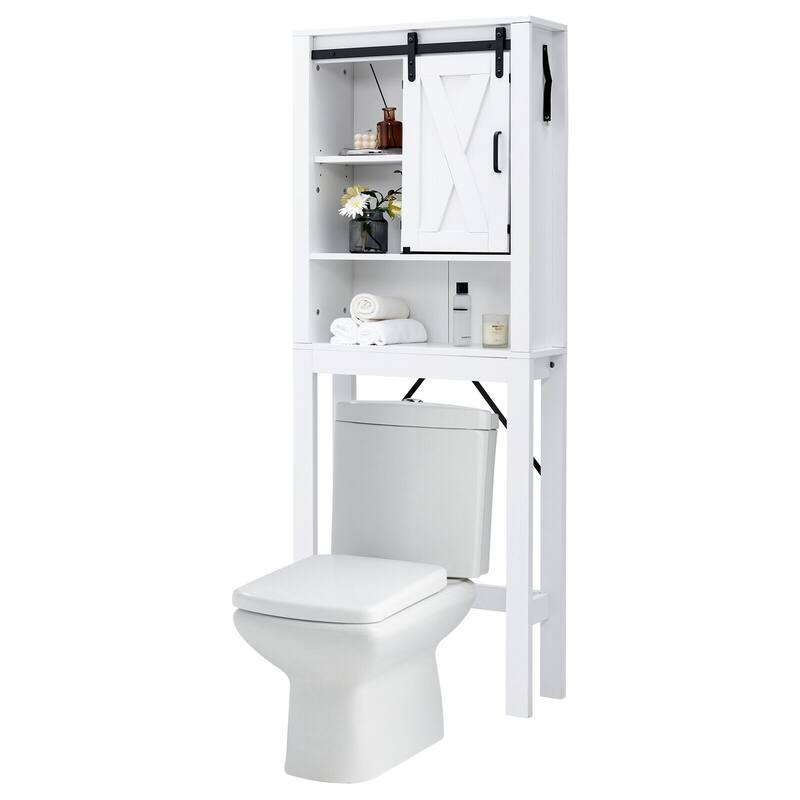 3-Tier White Over Toilet Bathroom Storage Cabinet Freestanding Organizer with Adjustable Shelves and Door - 27"W x 8.5"D x 67"H