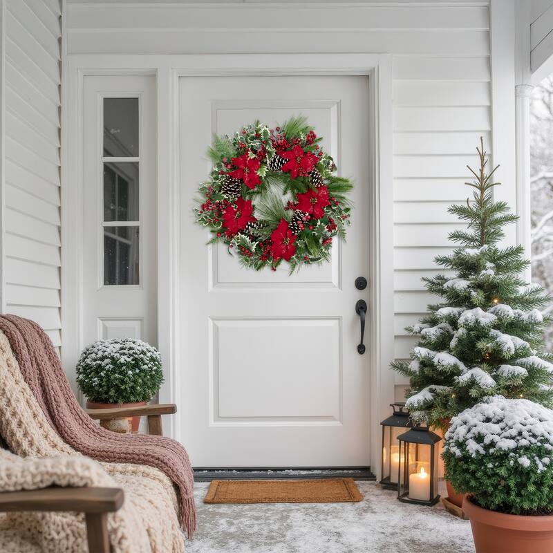 Poinsettia and Pinecone Mixed Pine Artificial Christmas Wreath - 30" - Unlit