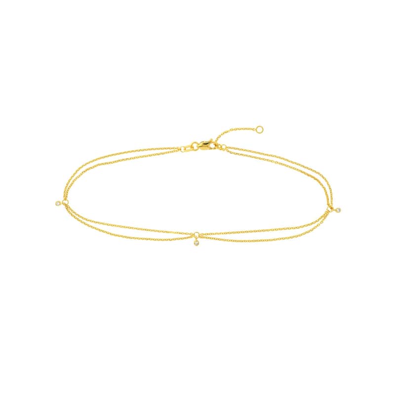 Curata 14k Yellow Gold 10" 3 Diamond 0.05 Dwt Double Strand Adjustable Anklet