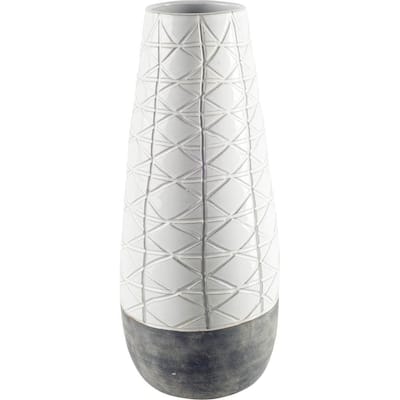 21" Gray And White Abstract Cylinder Ceramic Table Vase - 21" H x 8" W x 8" D