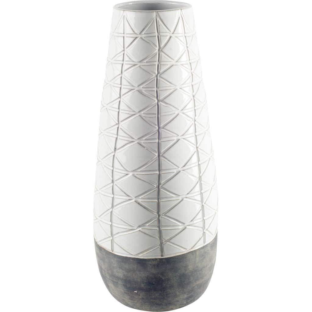 21" Gray And White Abstract Cylinder Ceramic Table Vase - 21" H x 8" W x 8" D