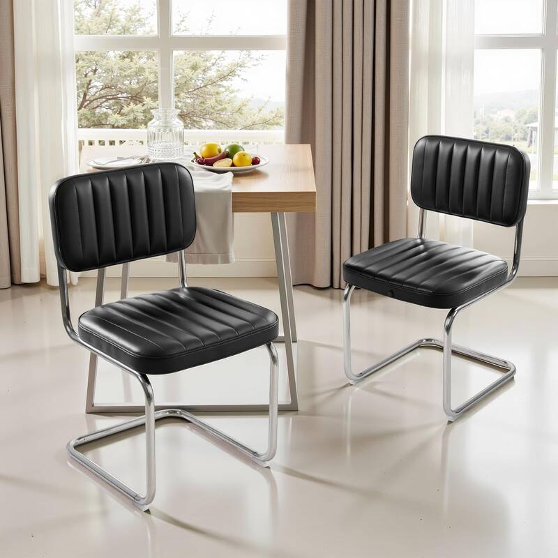 Faux Leather Mid-Century Modern Upholstered Armless dining Chairs with Metal Legs,Black,Set of 2, - Dining Height - Silver - Set of 2