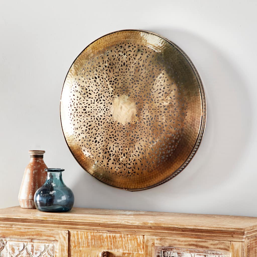 Gold Metal Cutout Moroccan Disk Plate Home Wall Decor with Hammered Texture