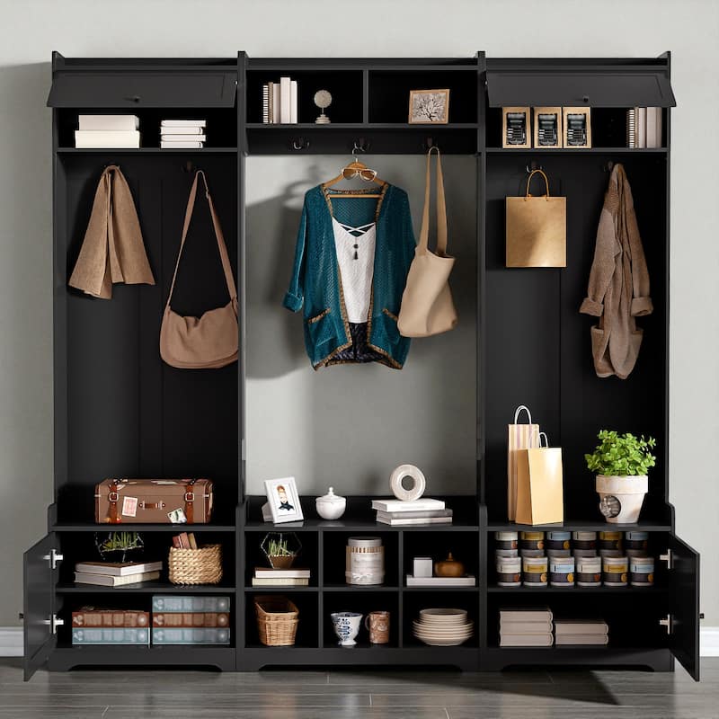 79.1'' Wide Modern 4-in-1 Hall Tree with Bench, 8 Cubbies, Adjustable Shelves & 7 Hooks for Entryway, Hallway, Living Room