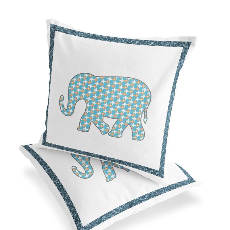 HomeRoots Set of Two 16" X 16" Blue and White Elephant Blown Seam Animal Print Indoor Outdoor Throw Pillow