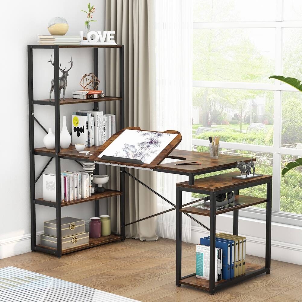 Computer Desk with Storage Shelves, Writing Gaming Desk Workstation Drafting Drawing Table