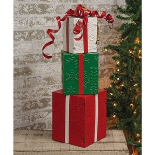 3-Set Snowflake Embossed Metal Gift Boxes - Festive Holiday Decor - 9” L x 7” W x 26” H