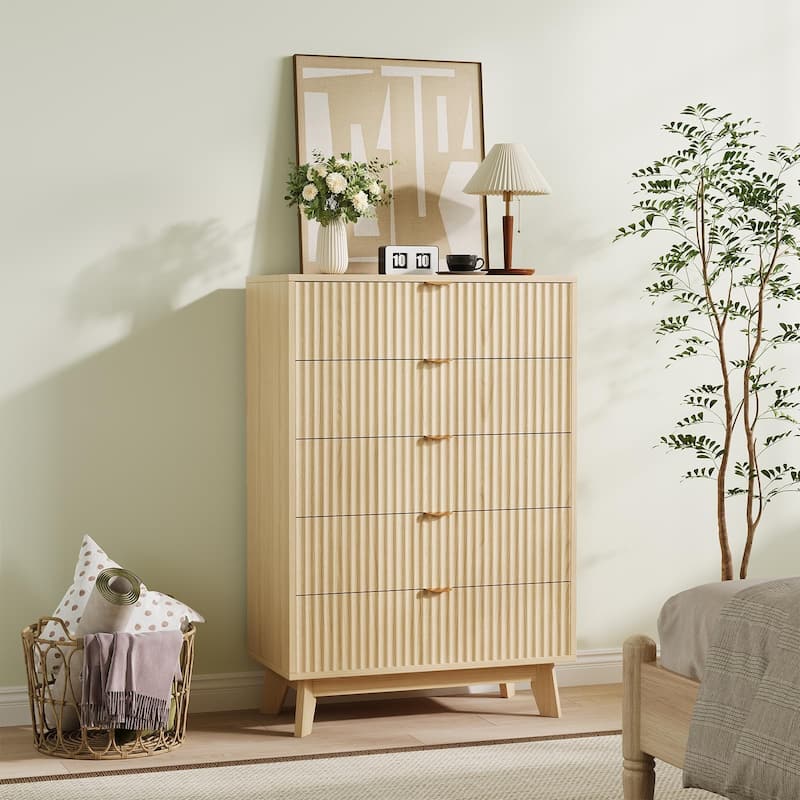 Fluted 3/4/5 Drawer Dressers for Bedroom, Modern Wooden Chest of Drawers - 5-drawer