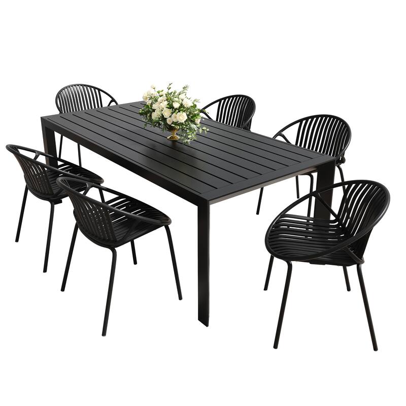 Roomfitters Outdoor Dining Set 7 Piece Rust Resistant Aluminum Table Stackable Chairs - Black
