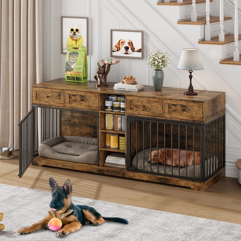 Wooden Dog Cage Crate Furniture TV Stand Large Dog Kennel with 4 Drawers and Shelves for 2 dogs - Brown