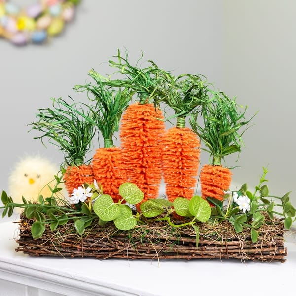 slide 2 of 6, Standing Carrots on Floral Foliage Twig Log Easter Decoration - 2"