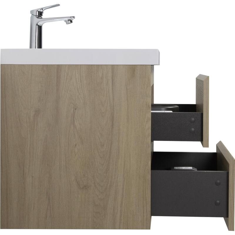 24" Wall-Mounted Floating Bathroom Vanity with Resin Sink, Soft Close Drawers, Natural Oak Cabinet, Pre-Assembled