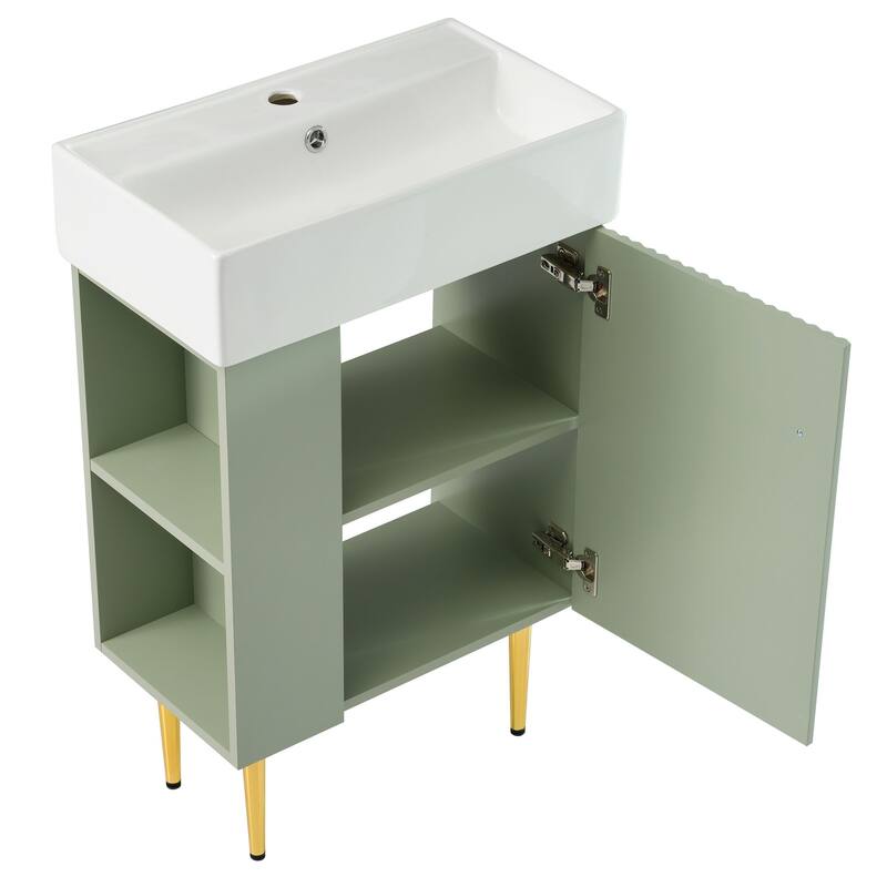 Compact 21.6" Free-Standing Bathroom Vanity with Single Sink, Open Storage & Gold Accents