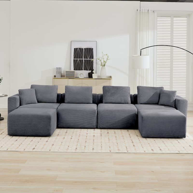Corduroy Sectional Modular Sofa with Square Arms & Ottoman Extension for Flexible Arrangements
