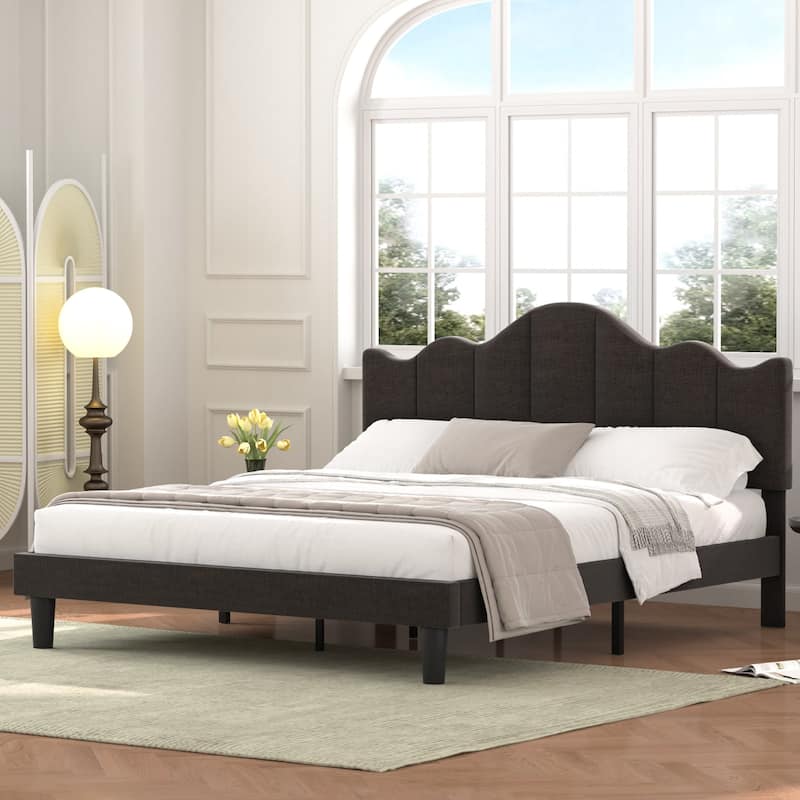 VECELO Modern Upholstered Platform Bed with Adjustable Headboard, Dark Blue/ White/ Grey/ Beige Bed Frames