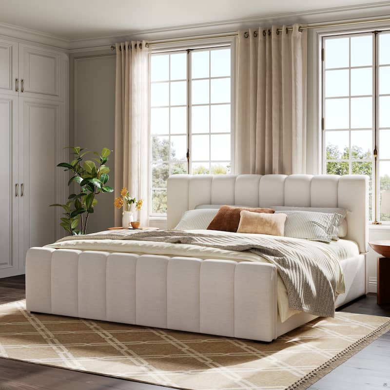 Christopher Knight Home - Elowen Modern Upholstered Bed Frame with Thick Padded Headboard - Beige - King