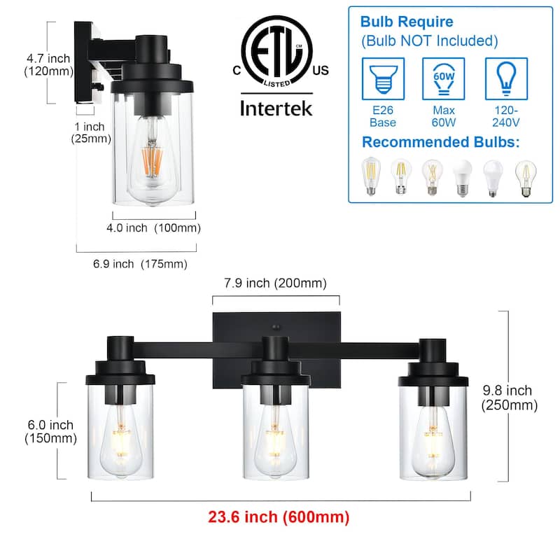 Bathroom Light Fixtures, 3-Light Black Bathroom Lighting Fixtures Over Mirror with Clear Glass Shade, Vanity Lights for Bathroom