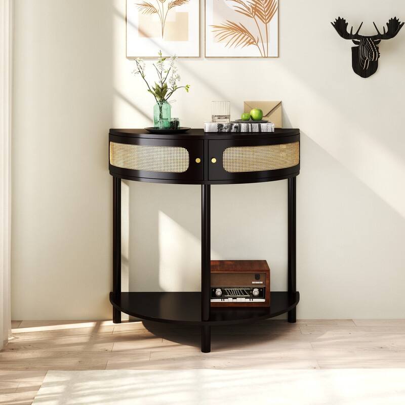 Half Moon Rattan Console Table - Curved Entryway Table with 2 Drawers and Shelf