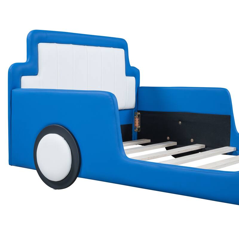 Twin Size Race Car Bed with Wheels, Kids Car-Shaped Beds with Safety Guardrail, Slats Support, Wooden Platform Bedframe