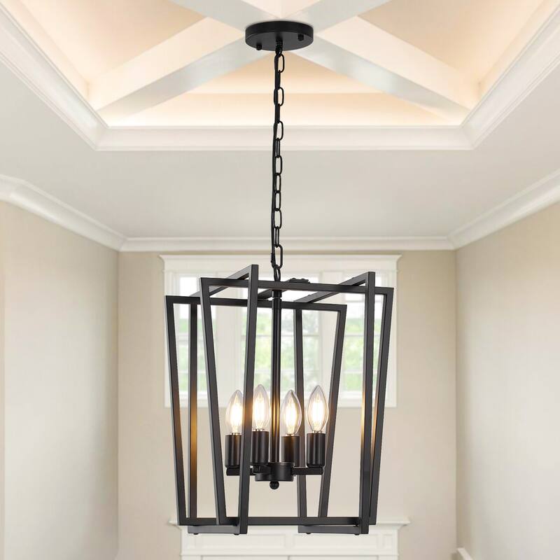 12-Inch Modern Chandelier, 4 Light Lantern Chandeliers Geometric Square Dining Room Lighting Fixtures for Kitchen Islands - N/A - Black