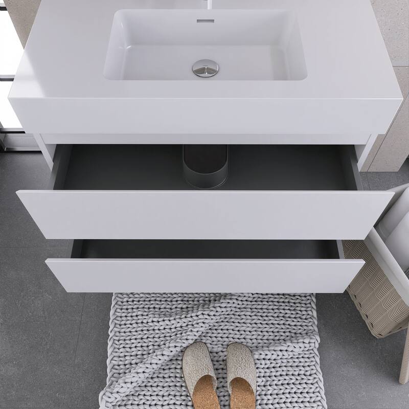 Wood Wall-Mounted Bathroom Vanity Set with White Integrated Resin Sink