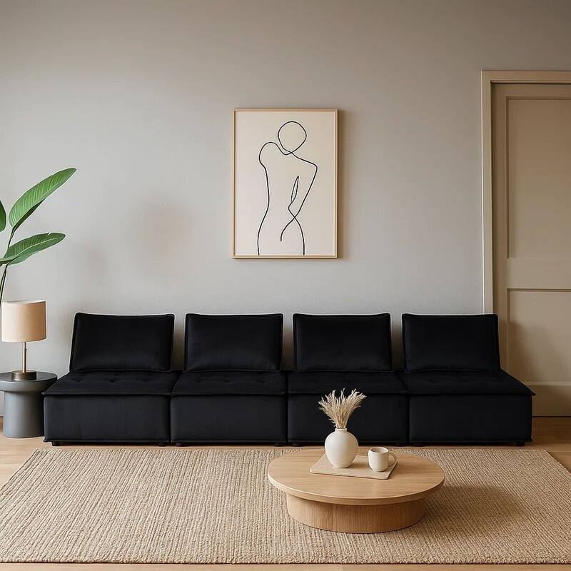 Alaya 160 Inch 4 Piece Modular Sofa, Tufted Soft Black Velvet