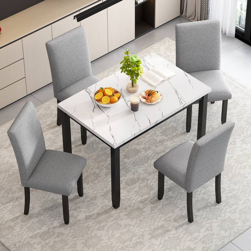 5 Piece Dining Table Set, Wooden Kitchen Dining Table Set with Faux Marble Dining Table and 4 Thicken Cushion Dining Chairs