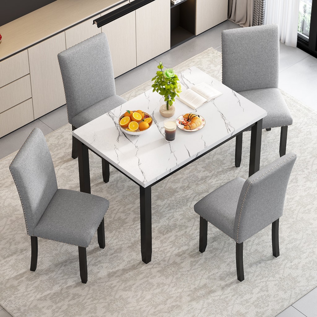 Minimalist Dining Chairs with Nailhead Trim, 5-Piece Kitchen Dining Table & Chairs Set, Black Grey Breakfast Nook