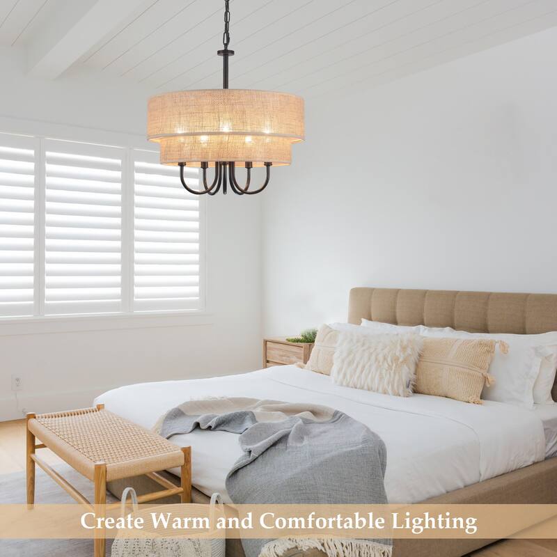 18.1-in 5-Light Farmhouse Rattan Pendant Light with 2-Tier Hand-Woven Drum Shade for multiple rooms