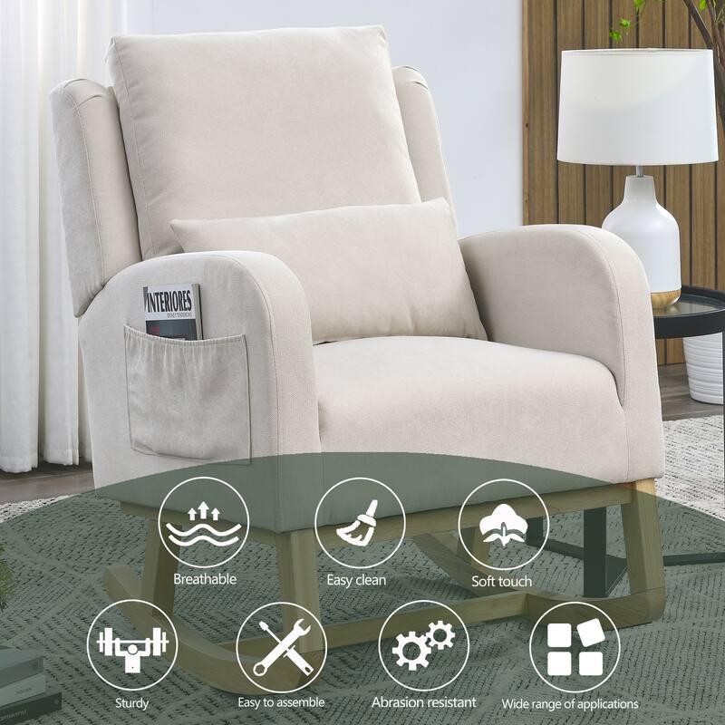 High Back Rocker Accent Chair with Wood Base, One Lumbar Pillow and Two Side Pockets