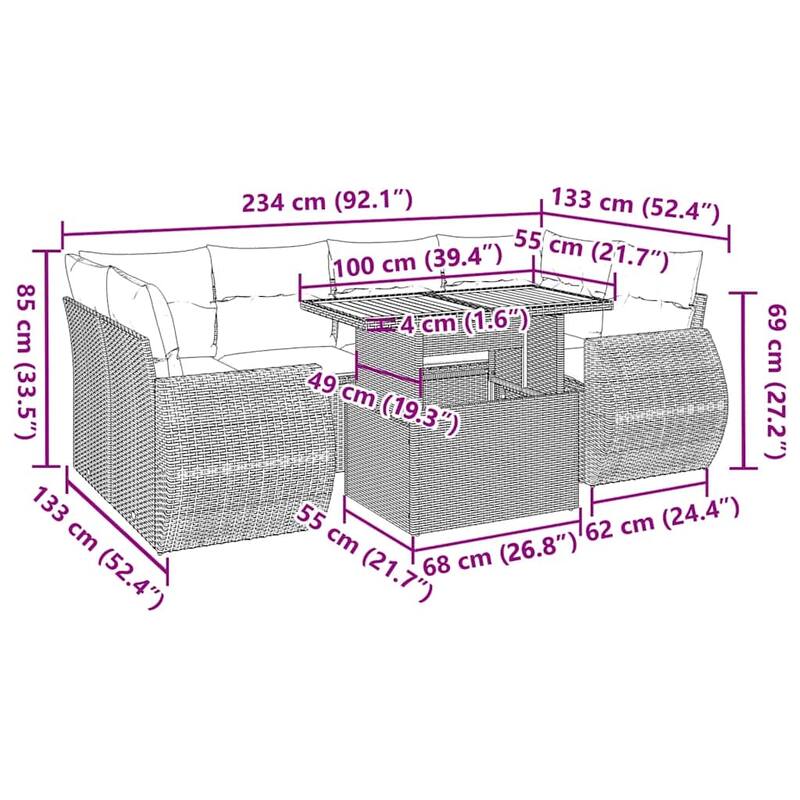 vidaXL Patio Sofa Set with Cushions Modular Lounge Set 7 Piece Poly Rattan - 21.7 x 39.4 x 28.7