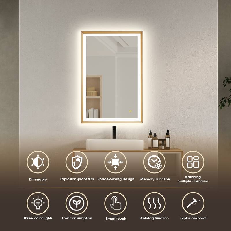 Apollo Rectangular Anti-Fog Dimmable Modern Bathroom/Vanity LED Lighted Wall Mirror in Brushed Gold Aluminum Framed