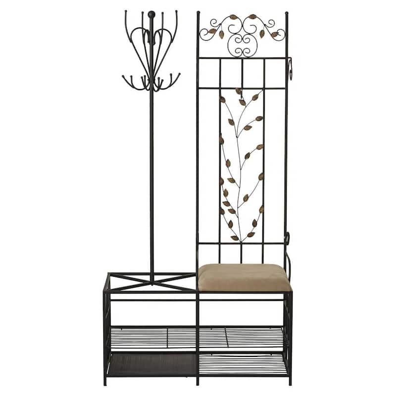 Black Metal Hall Tree Coat Rack with Storage Bench, 12 Hooks and Shelves - 36.25'' W X 18'' D x 71.25'' H