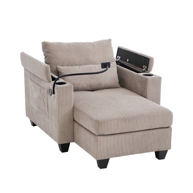 Convertible Sleeper Sofa Chaise Lounge with Movable Backrest, Corduroy Reading Chair with USB Ports, Cup Holders & Phone Holder