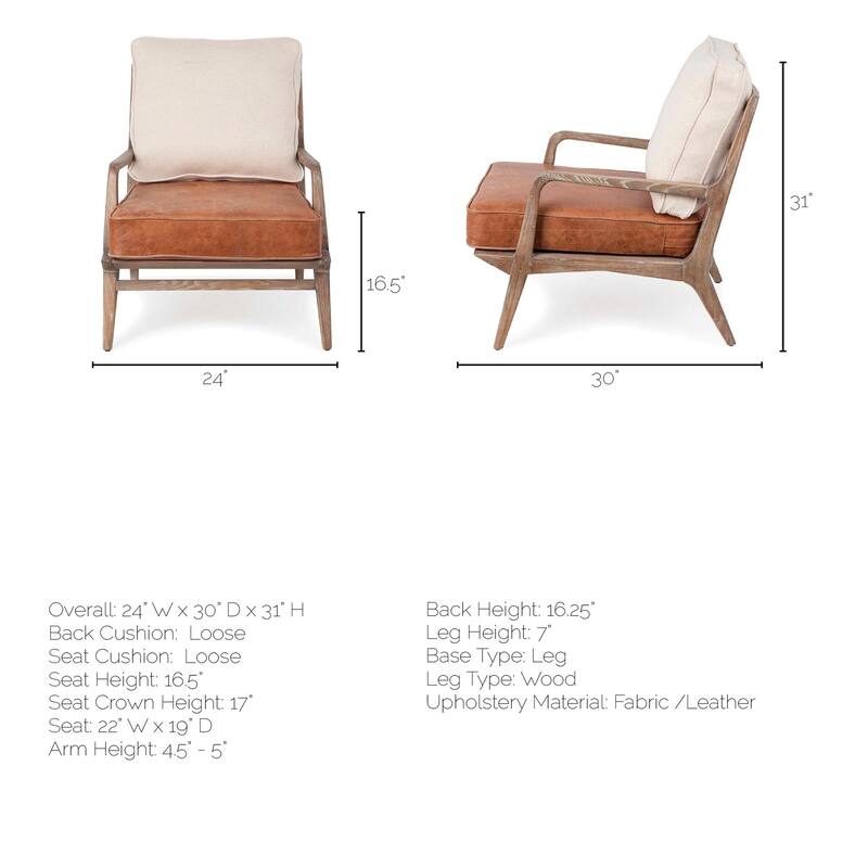 Harman II Cream Fabric and Brown Leather Seat Accent Chair - 24"W x 32"D x 32.3"H