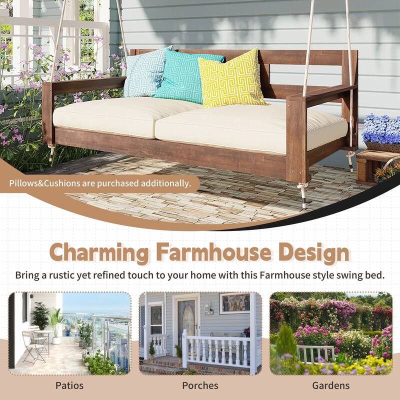 Patio Wooden Twin Size Porch Swing Daybed Frame with 4 Hanging Ropes for Backyard and Outdoor Use