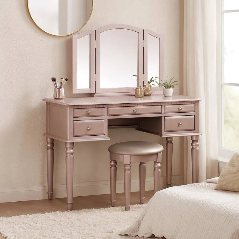 Vanity Set with Turned Tapered Legs and Three Piece Mirror, Rose Gold