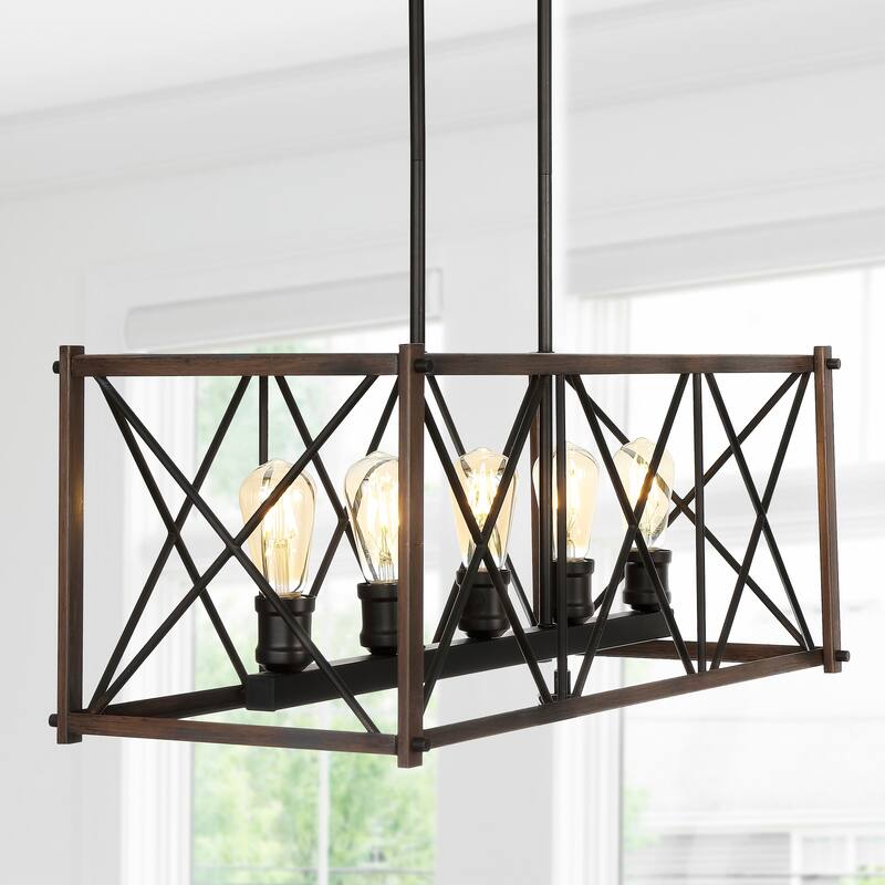 Ferme 30" 5-Light Adjustable Iron Farmhouse Industrial LED Dimmable Pendant, Oil Rubbed Bronze by JONATHAN Y