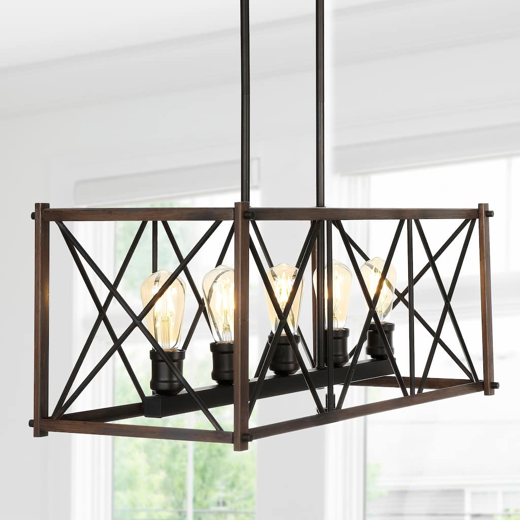 Ferme 30" 5-Light Adjustable Iron Farmhouse Industrial LED Dimmable Pendant, Oil Rubbed Bronze by JONATHAN Y
