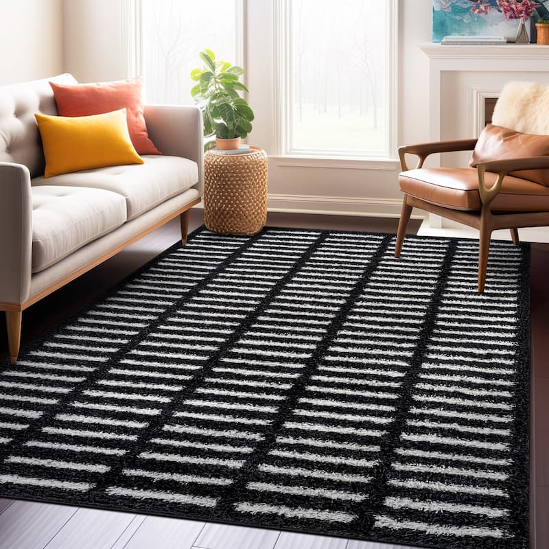 Bohemian Stripe Lines Shag Rug - Textured Surface - Anthracite Dark Gray - Easy to Clean - Anthracite - 5' x 7'