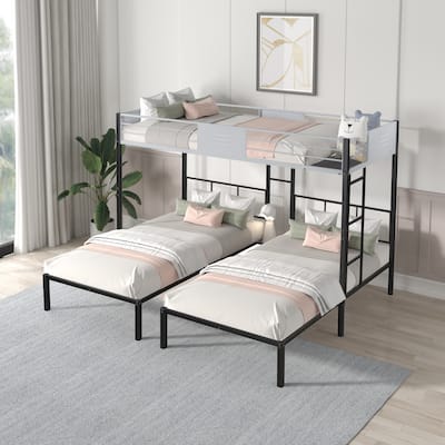 Metal Triple Bunk Bed with Noise-Free Wood Slats and Guardrails, Separates into 3 Twin Beds