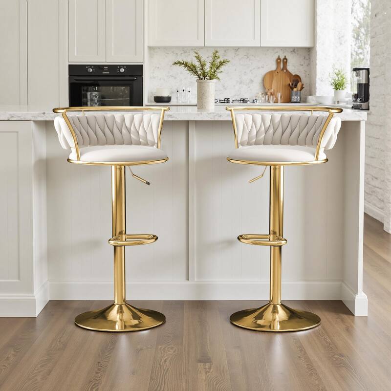 Velvet Upholstered Adjustable Bar Stool Swivel Counter Chair Set of 2 - Ivory/Gold - Set of 2