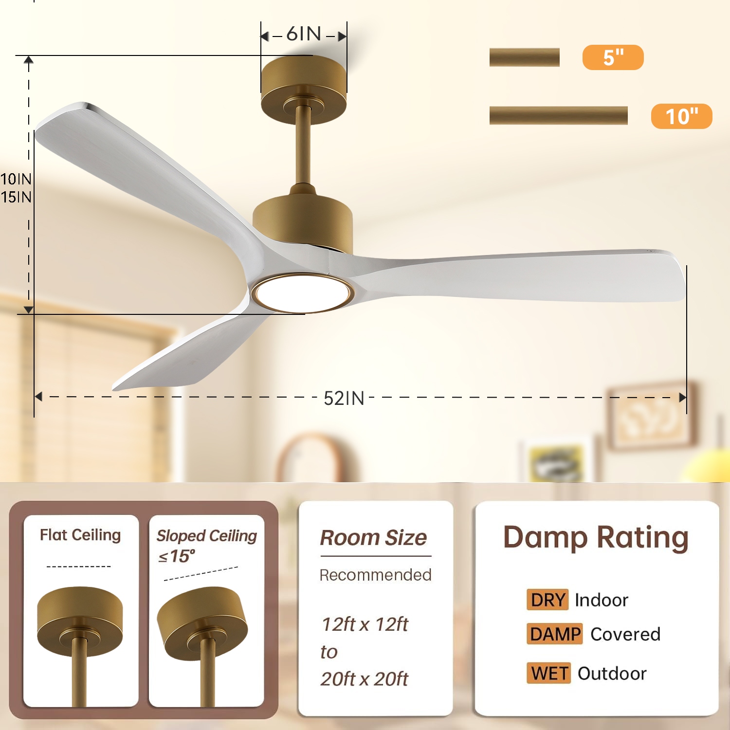 52 Inch Ceiling Fan With Light Kit Dimmable LED,Remote Control for Patio Living Room, Bedroom, Office - 52 Inches