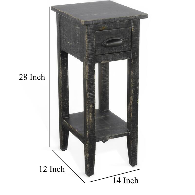 Rena Chairside Table w Drawer and Shelf, 14 Inch Black Mahogany Wood