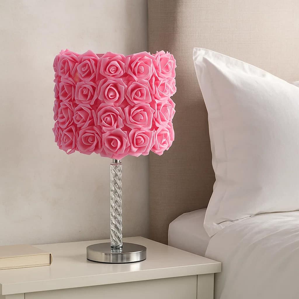 Bloom Roses Drum Shade Table Lamp with Twisted Acrylic Base, Pink