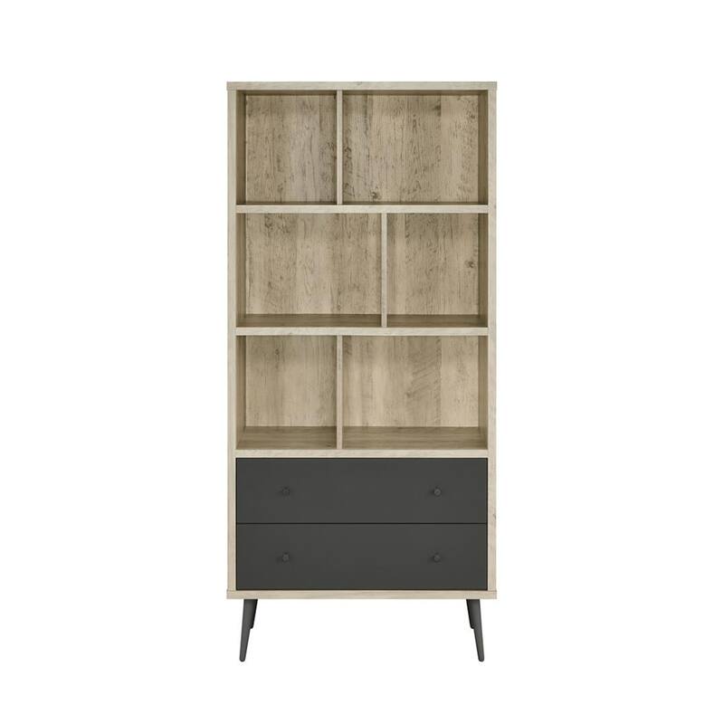 With 2 Drawers and 3 Shelves Wood Bookcase in Antique Pine and Grey