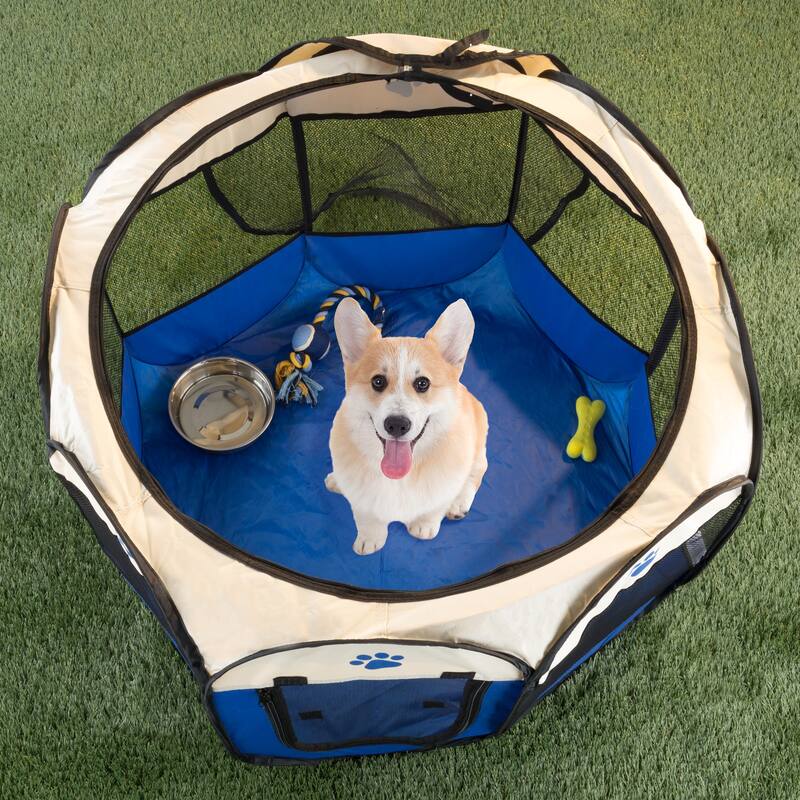 Petmaker Portable Pet Playpen - Pop-Up Dog Kennel with Carry Bag - Medium - Blue
