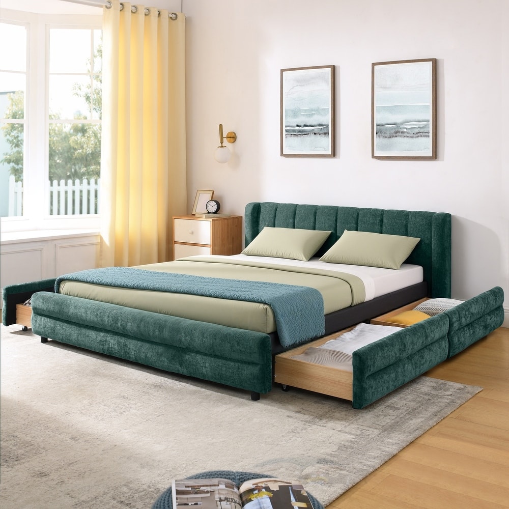 Queen Upholstered Bed Frame with Storage Drawer, Thick Padded Headboard & Solid Frame in Chenille Fabric