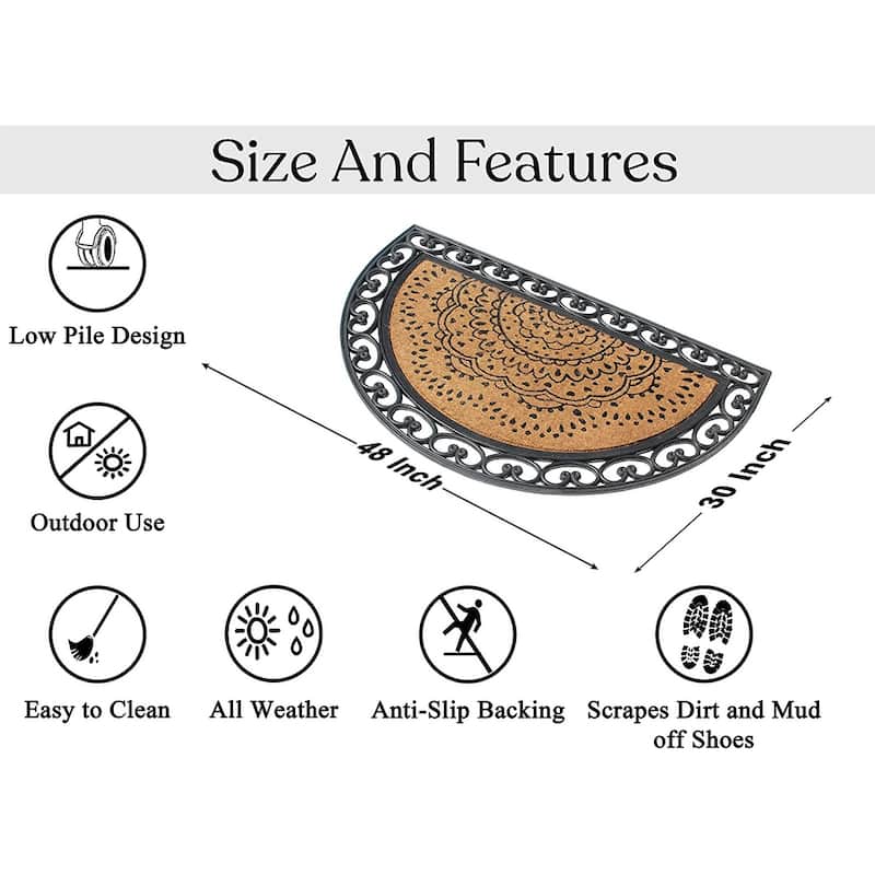 Floral Design Half Round Rubber and Coir Large Outdoor Entrance Durable Doormat 30"X48"