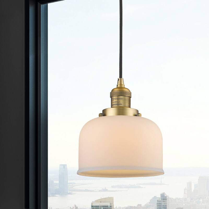 Innovations Lighting Large Bell 8" Wide Mini Pendant - Cord Suspension - Polished Chrome / Seedy